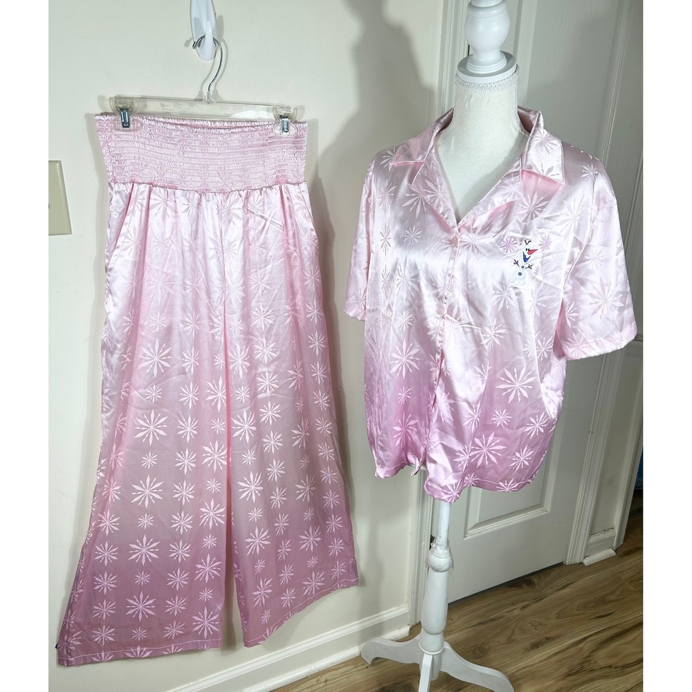 Disney Olaf Pajama Set Women M Pink Frozen Satin Snowflake‎ Ombre 2pc Loungewear